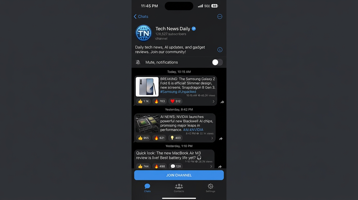 Telegram 频道涨粉实战:如何从 0 快速增长订阅者(6大策略 + 数据监控指南) 1 Telegram 频道示例 —— 12万订阅者的科技频道