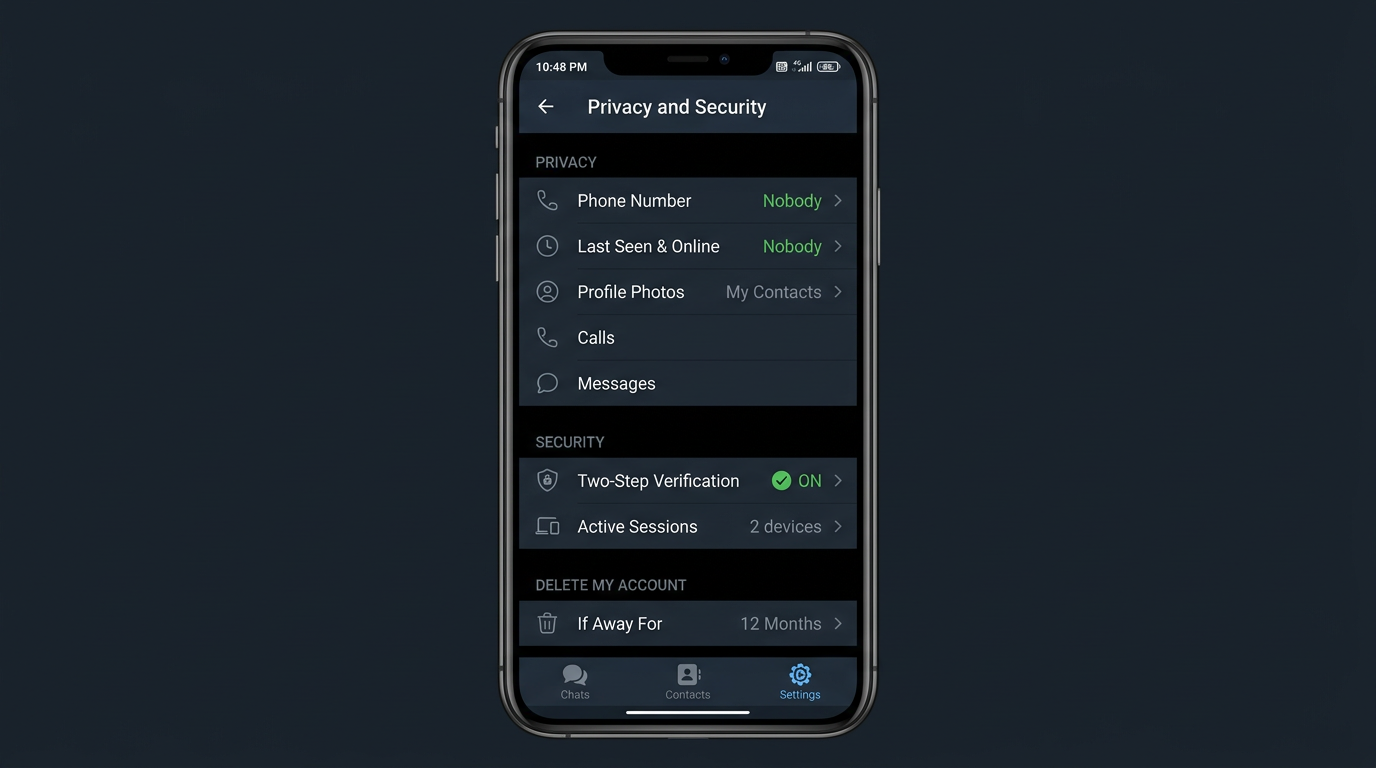 Telegram 账号隐私与安全设置页面