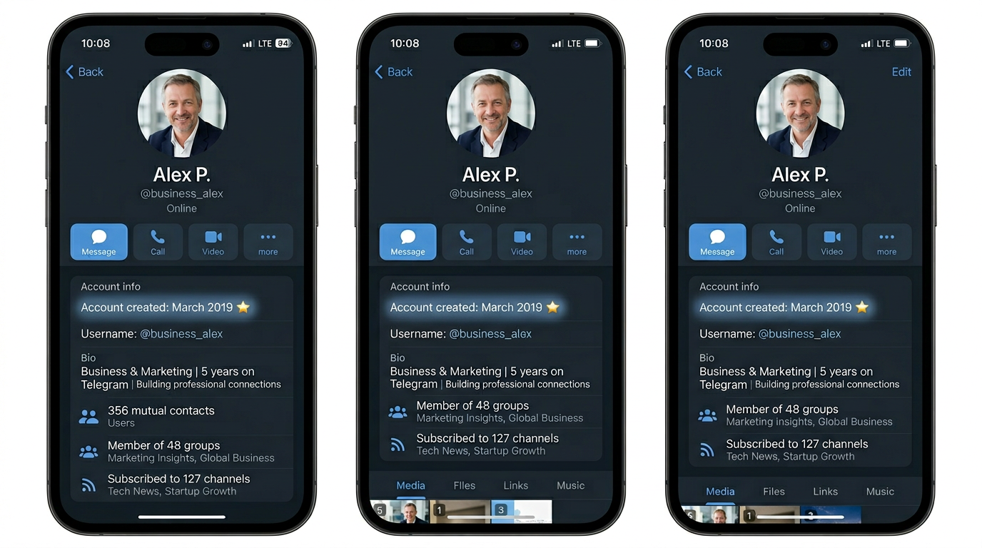 Telegram 老号个人资料页示例