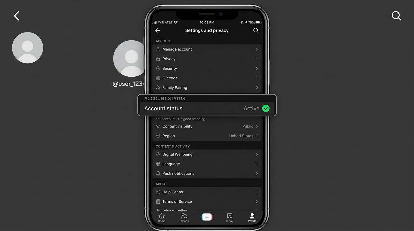 TikTok 设置与隐私页面 — 检查账号状态和区域设置