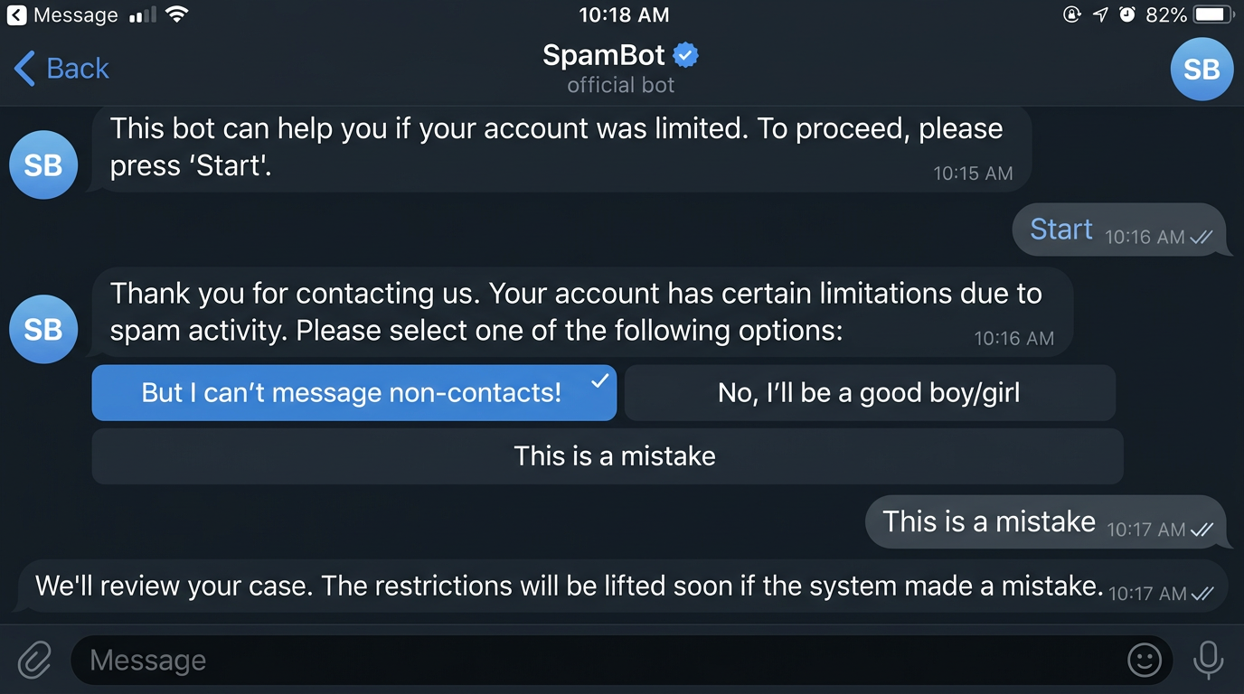 Telegram SpamBot 申诉对话截图